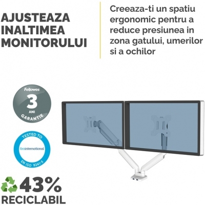 Brat pentru monitor dual individual, culoare alb, seria Platinum Fellowes 